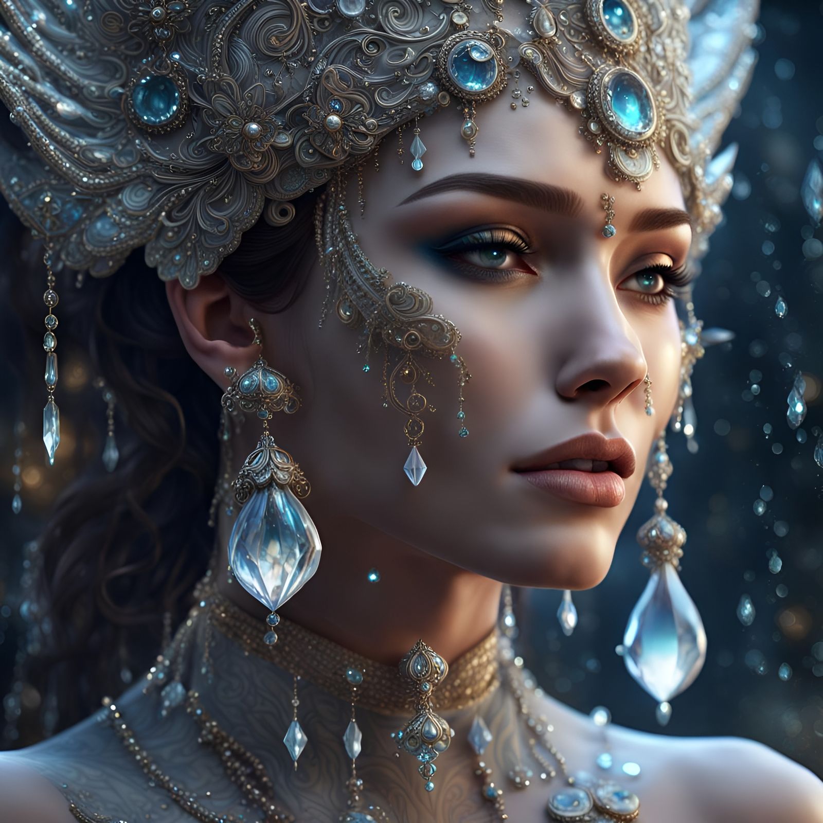 Woman with Water Drops and Crystal Makeup