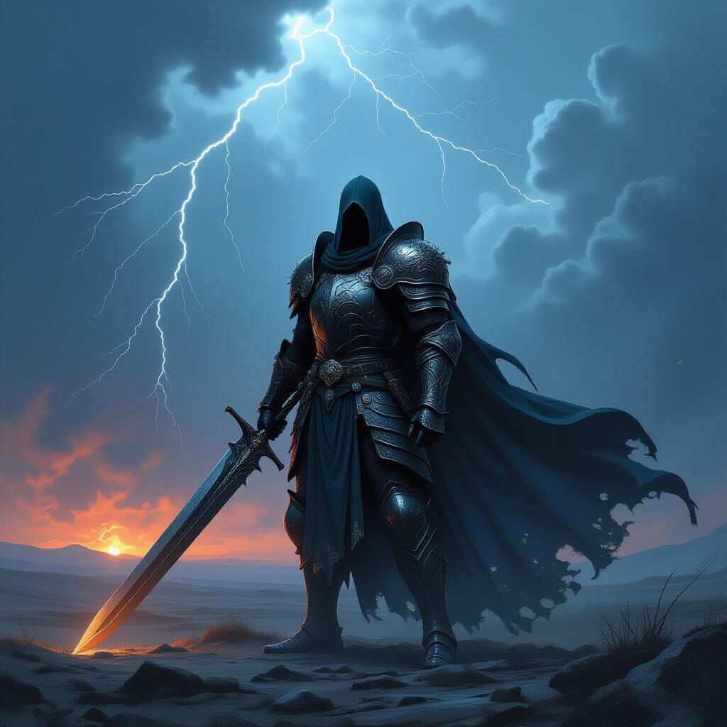 Knight in Obsidian Armor on Stormy Battlefield