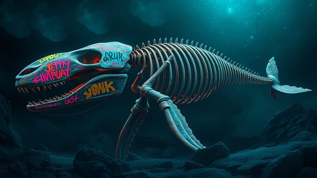 Whale Skeleton Graffiti Art in Contemporary Style