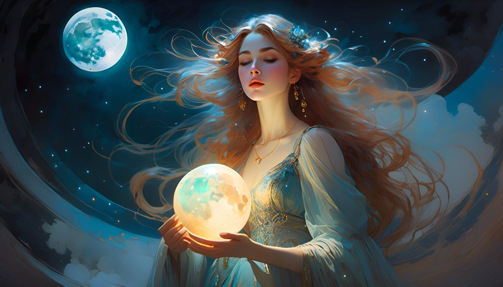 Moon Goddess with Orb in Watercolor Style