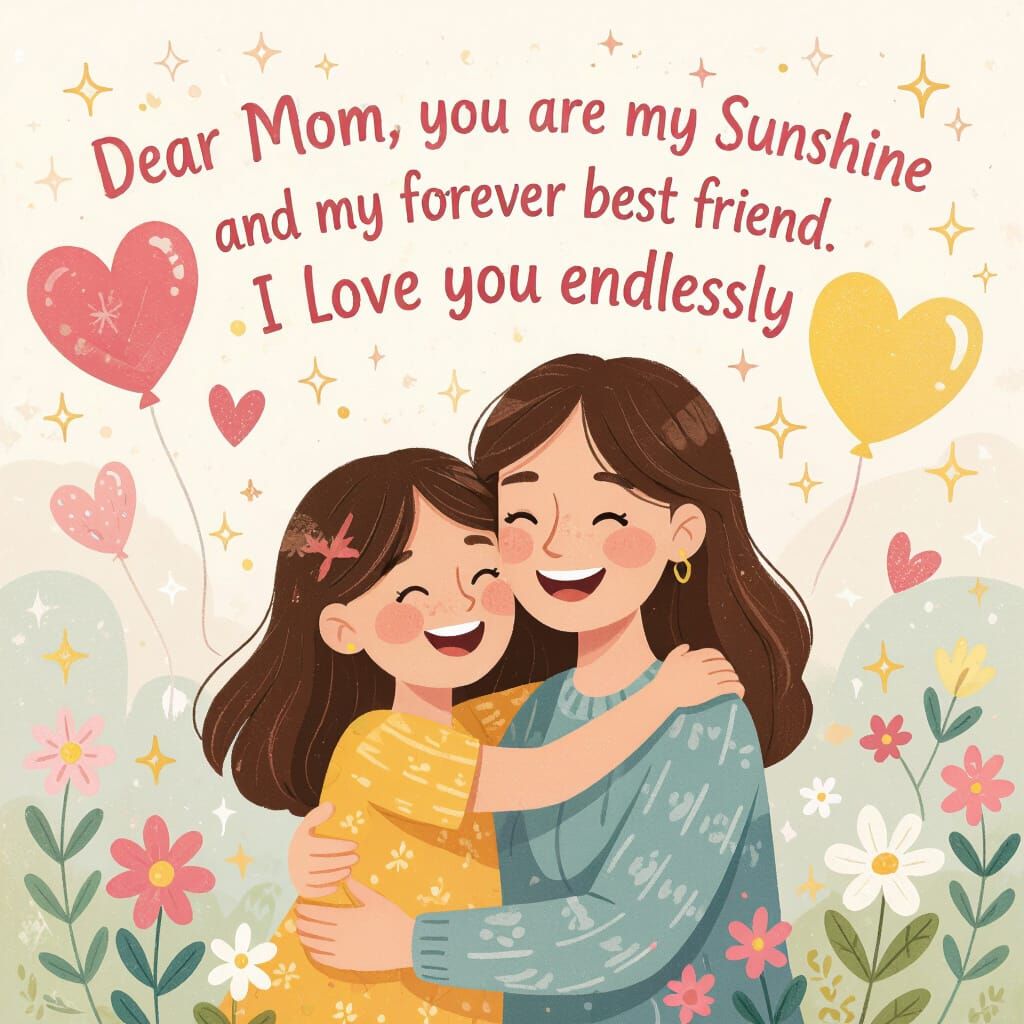 Heartwarming Cartoon of Mother and Daughter Embracing