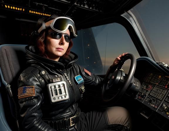 Mature Space Pirate in Retro Spacecraft Cockpit