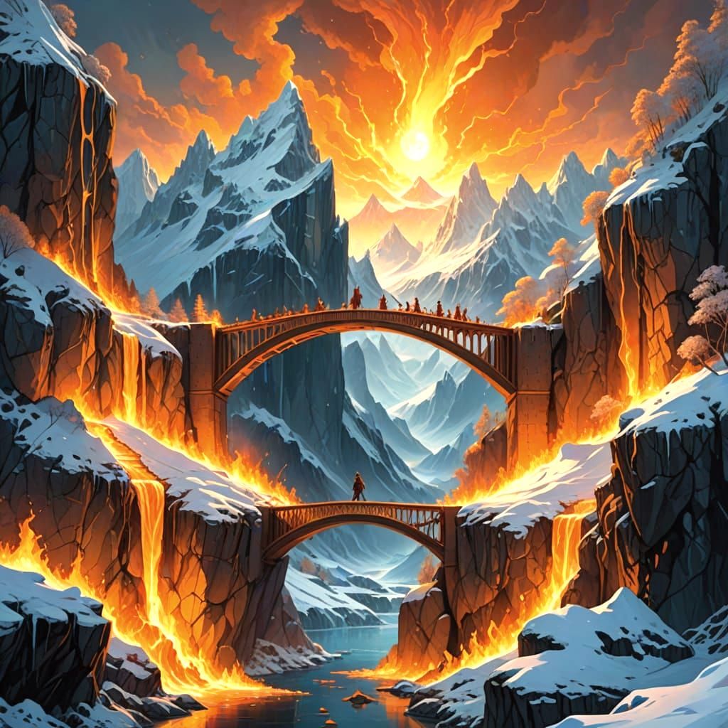 Fiery Bridge Connects Icy Peaks in Cinematic Digital Art
