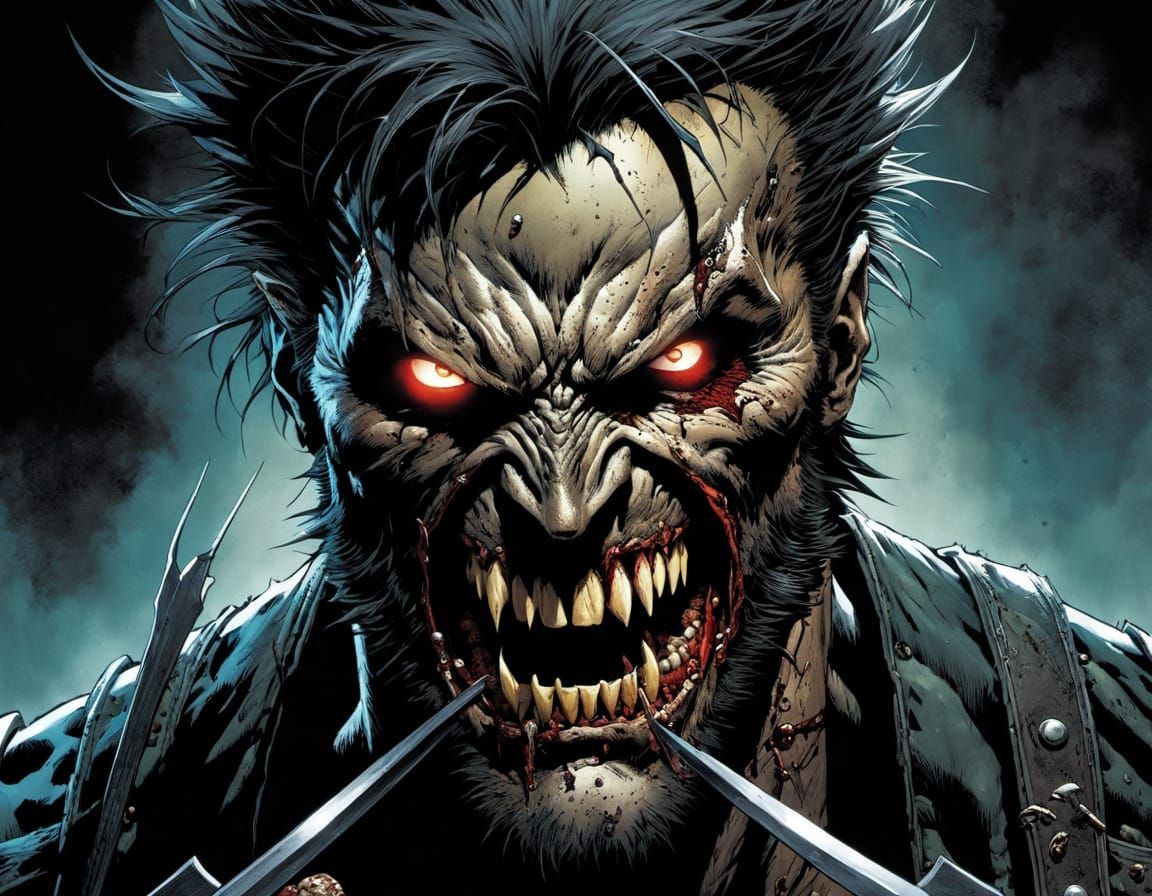 Grotesque Zombie Wolverine Portrait in Dark Fantasy Comic Bo...