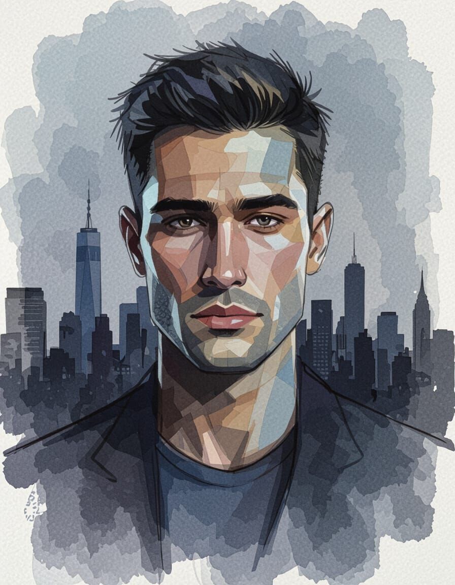 Watercolor Portrait Blended with New York City Skyline