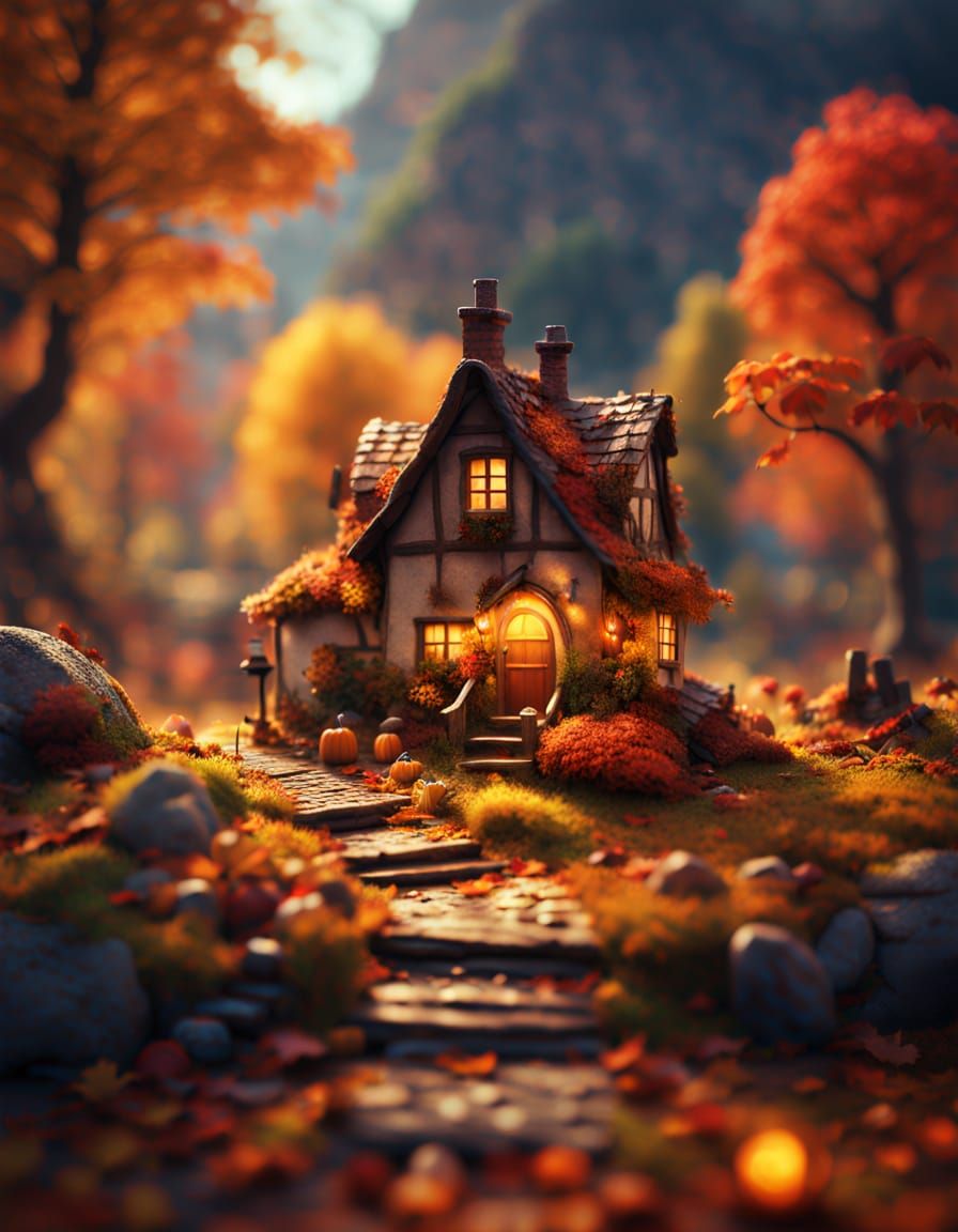 Miniature Autumn Smurf Village in Golden Light