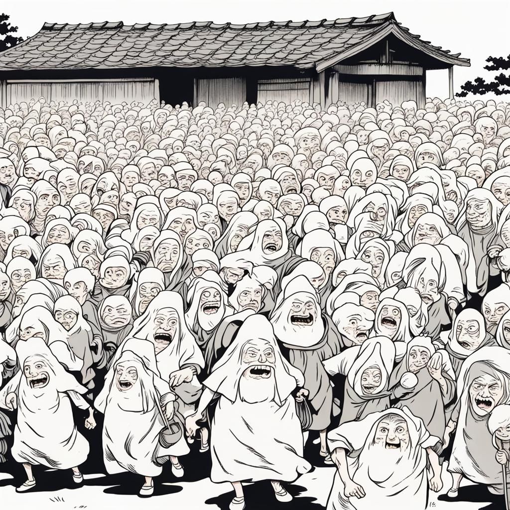 A large herd of kasa-obake chasing an elderly couple japanese manga style
