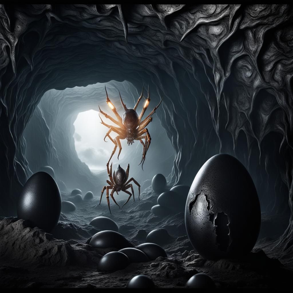Giger-esque Alien Emerges From Organic Egg in Dark Cave