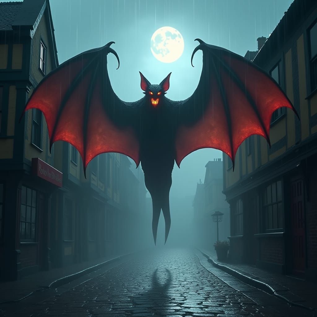 Bat-like Monster Emerges in Misty Town, Gothic Matte Paintin...