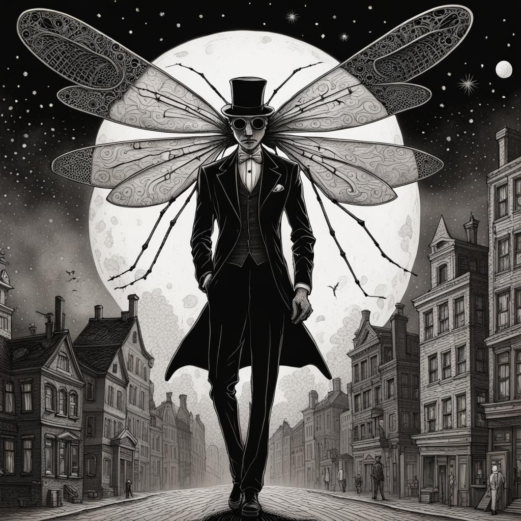Gentleman Mosquito in Cityscape: Detailed Black and White Ar...