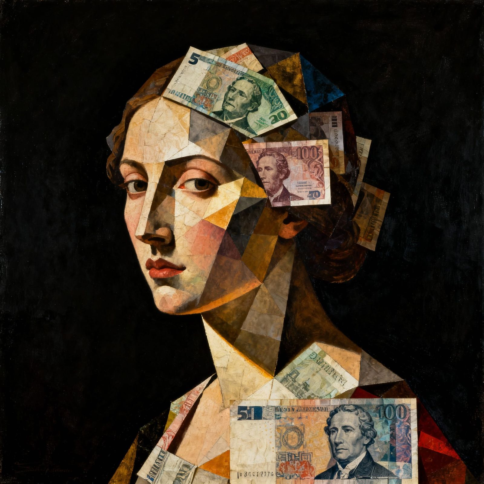 Classical Muse Portrait Made from World Paper Currency