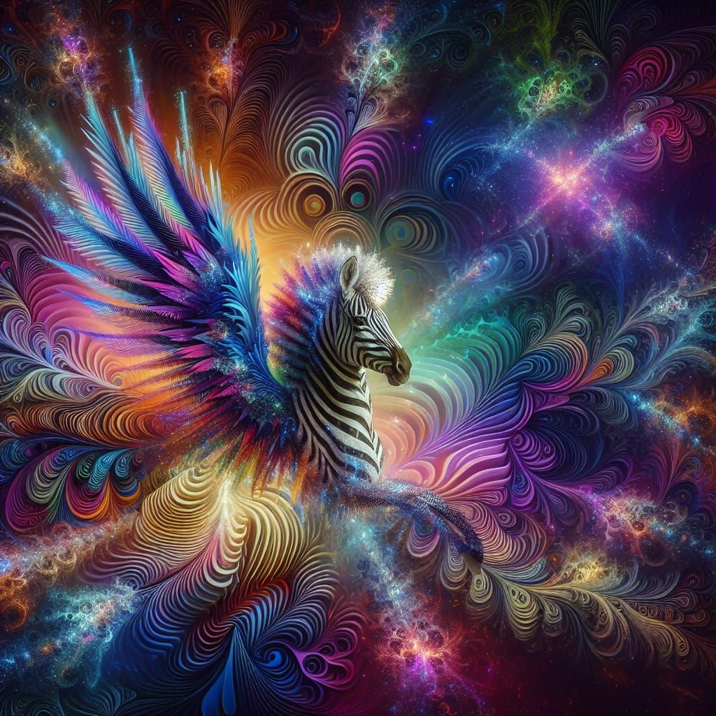 Psychedelic Celestial Zebra-Pegasus in Cosmic Realm