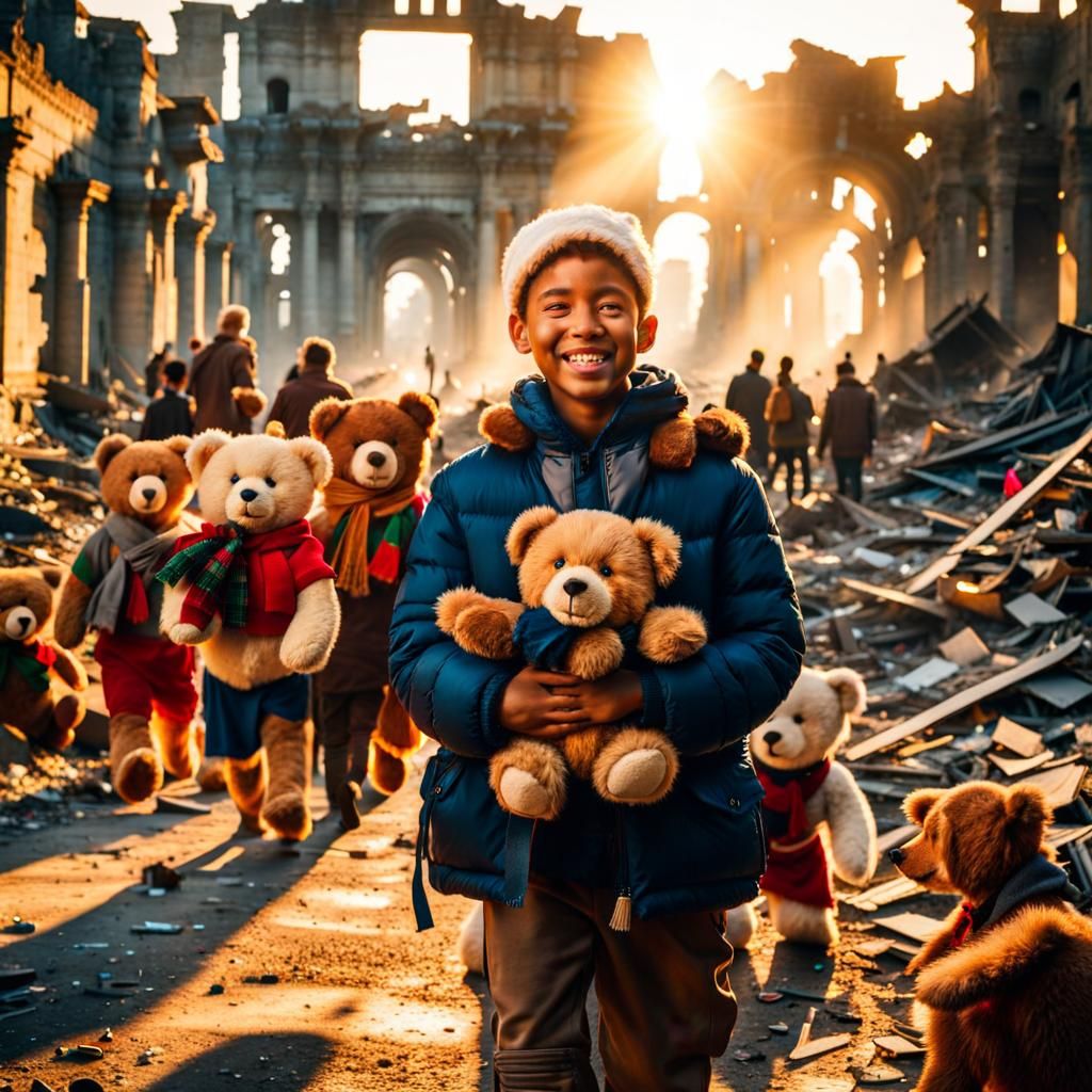 Santa Brings Joy to Ruined City at Golden Hour