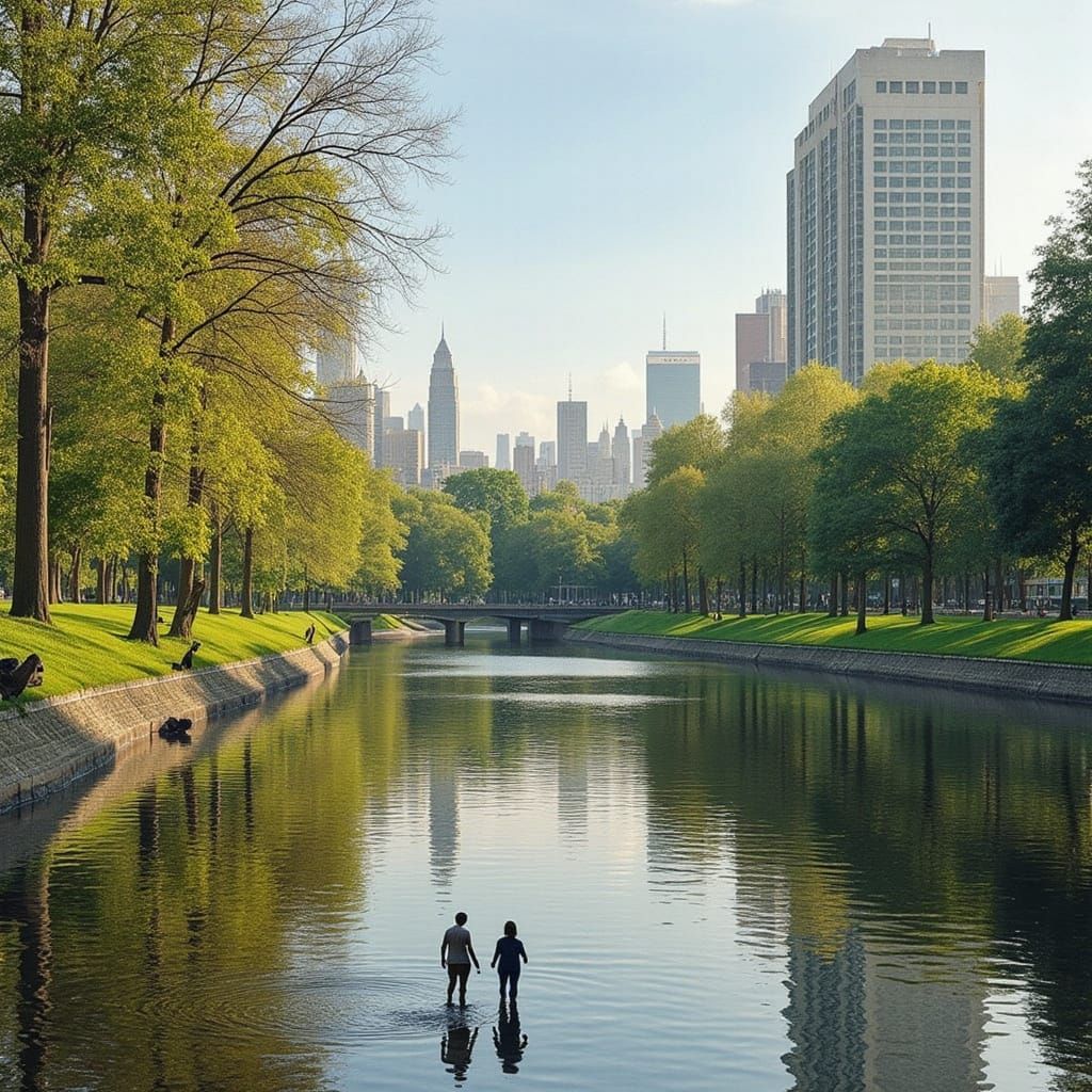 Couple Strolling by River in City Park