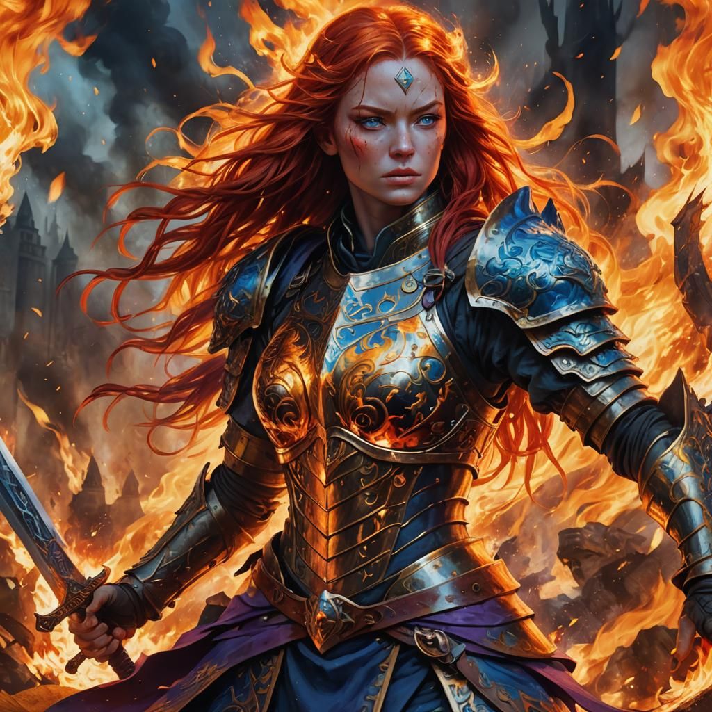 Fiery Female Warrior in Vibrant Fantasy Art