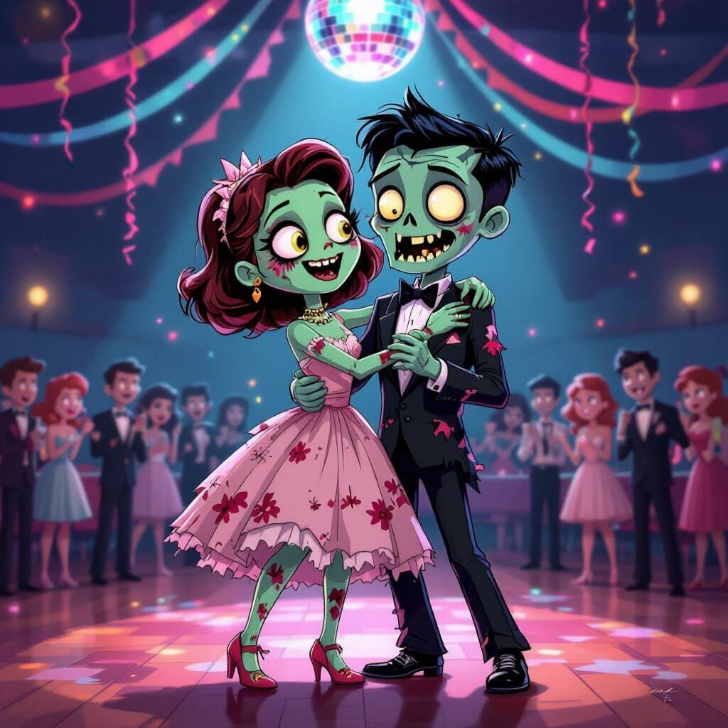 Cute Zombie Couple Dancing at 1950s Prom, Cartoon Style