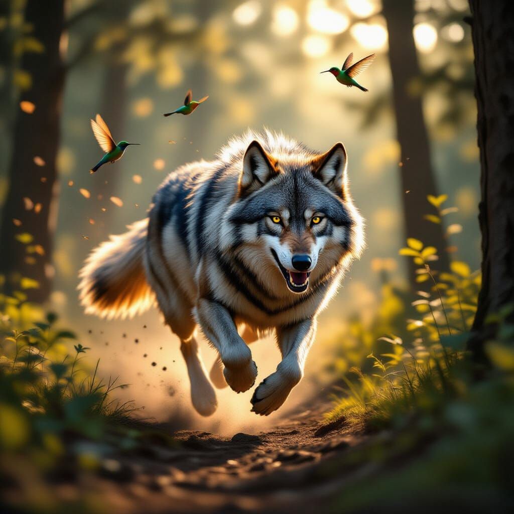 Wolf Sprinting Through Forest with Hummingbirds