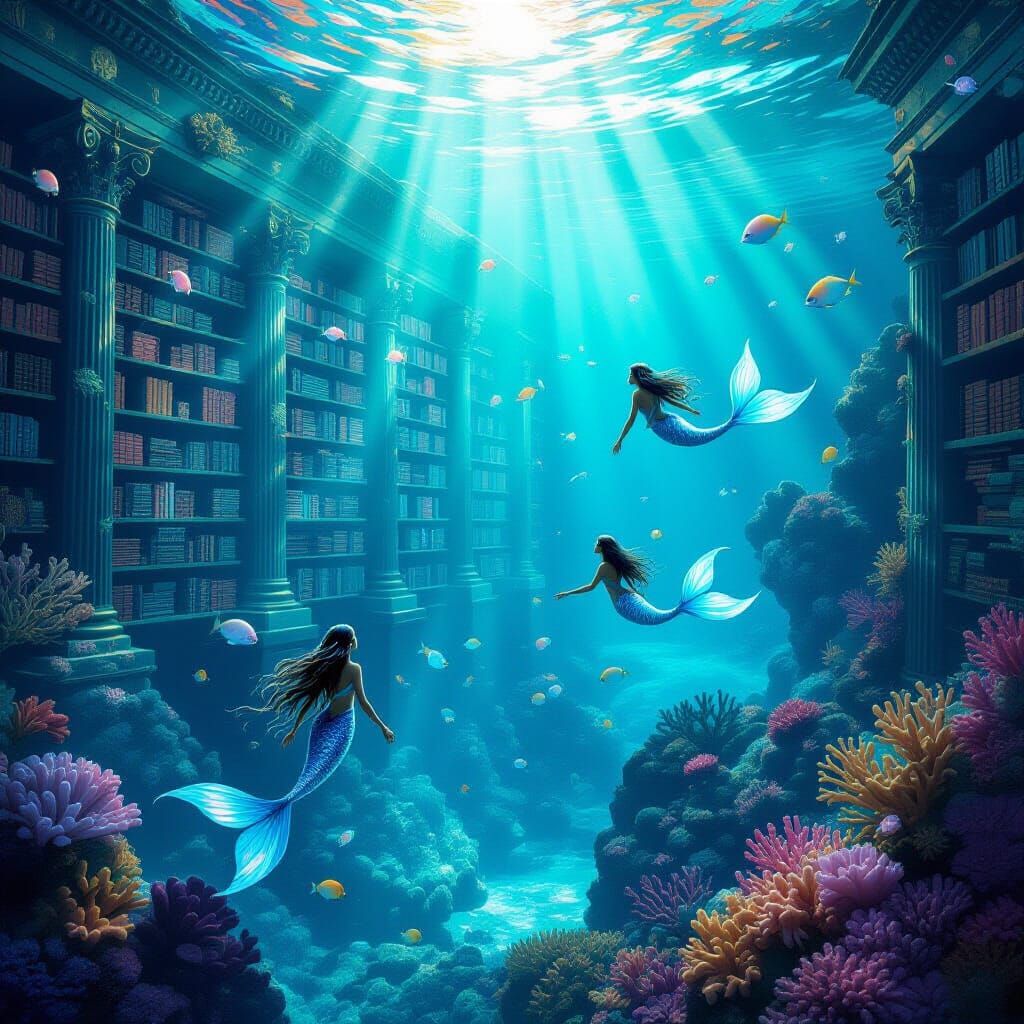 Submerged Ancient Library in Coral Reef with Mermaids