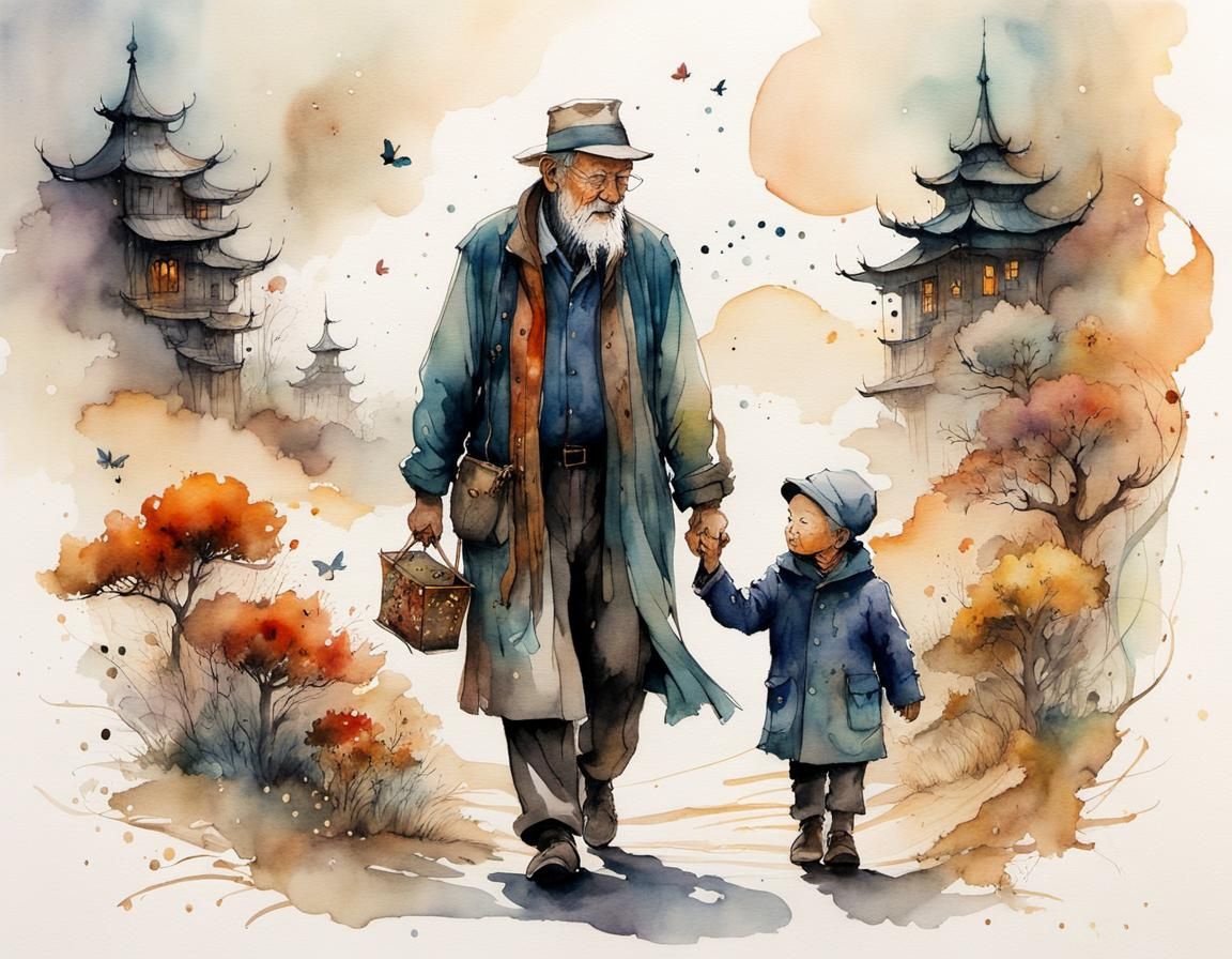Magical Old Man and Toddler Illustration