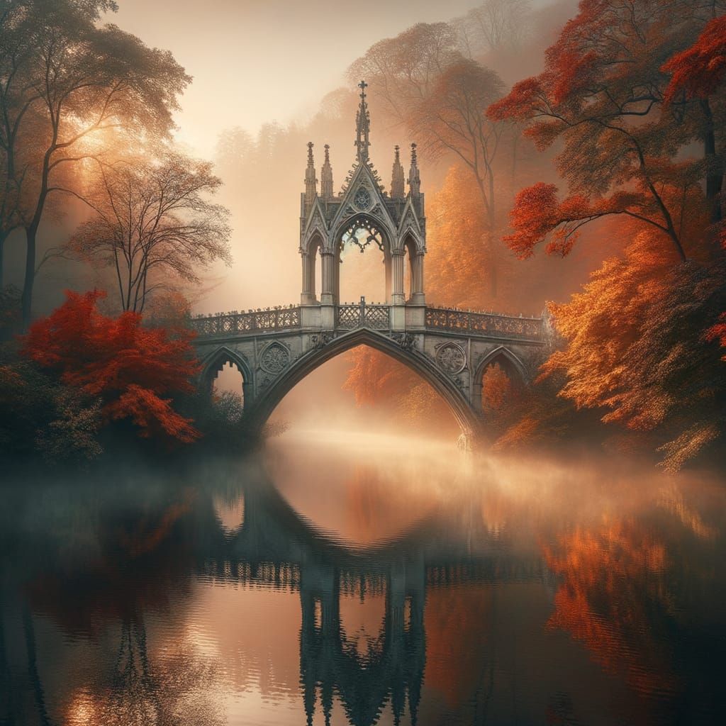 Gothic Bridge in Hazy Autumn Mist