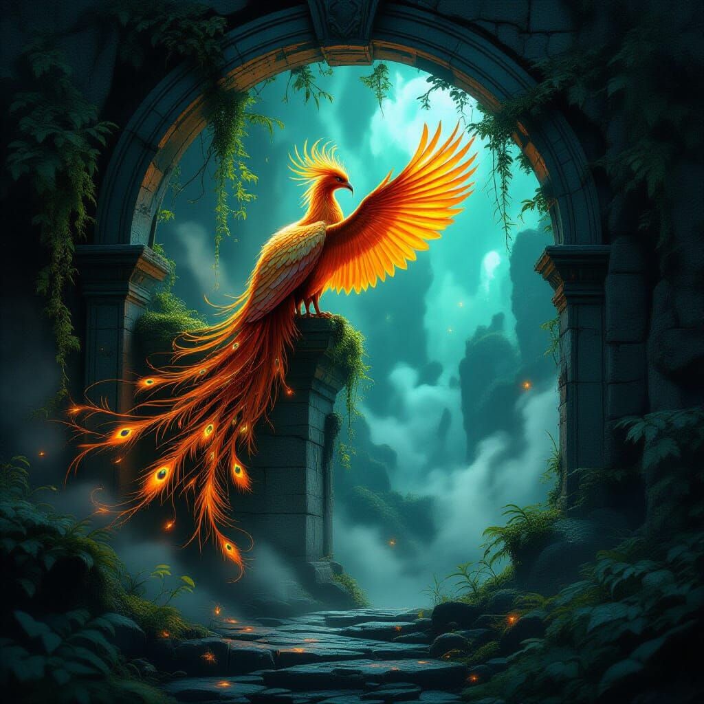 Majestic Phoenix Perched on Archway to Bioluminescent Grotto