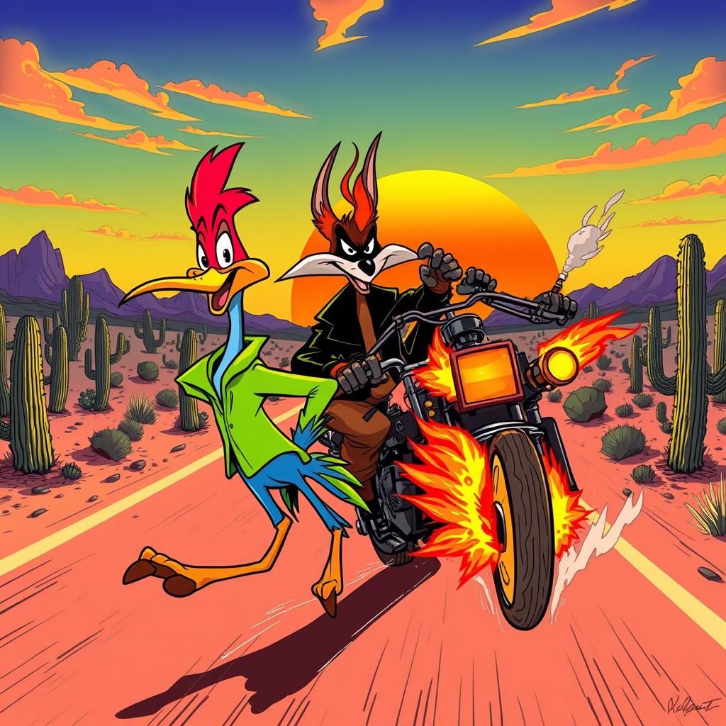 road runner and ghost rider travel side my side down the hig...