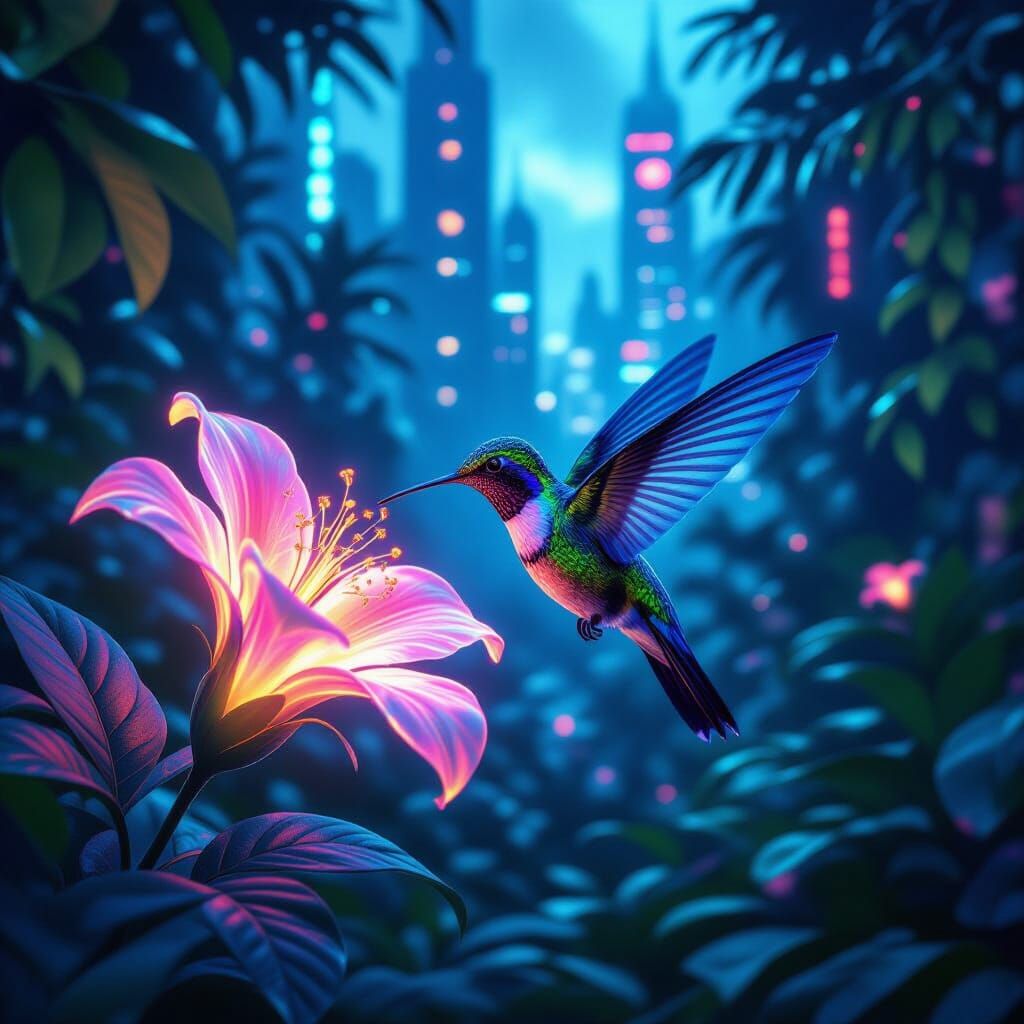 Cyberpunk Hummingbird in Bioluminescent Garden