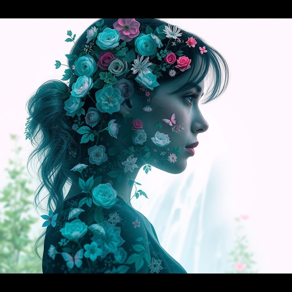 Cyberpunk Gardener: Double Exposure Floral Silhouette