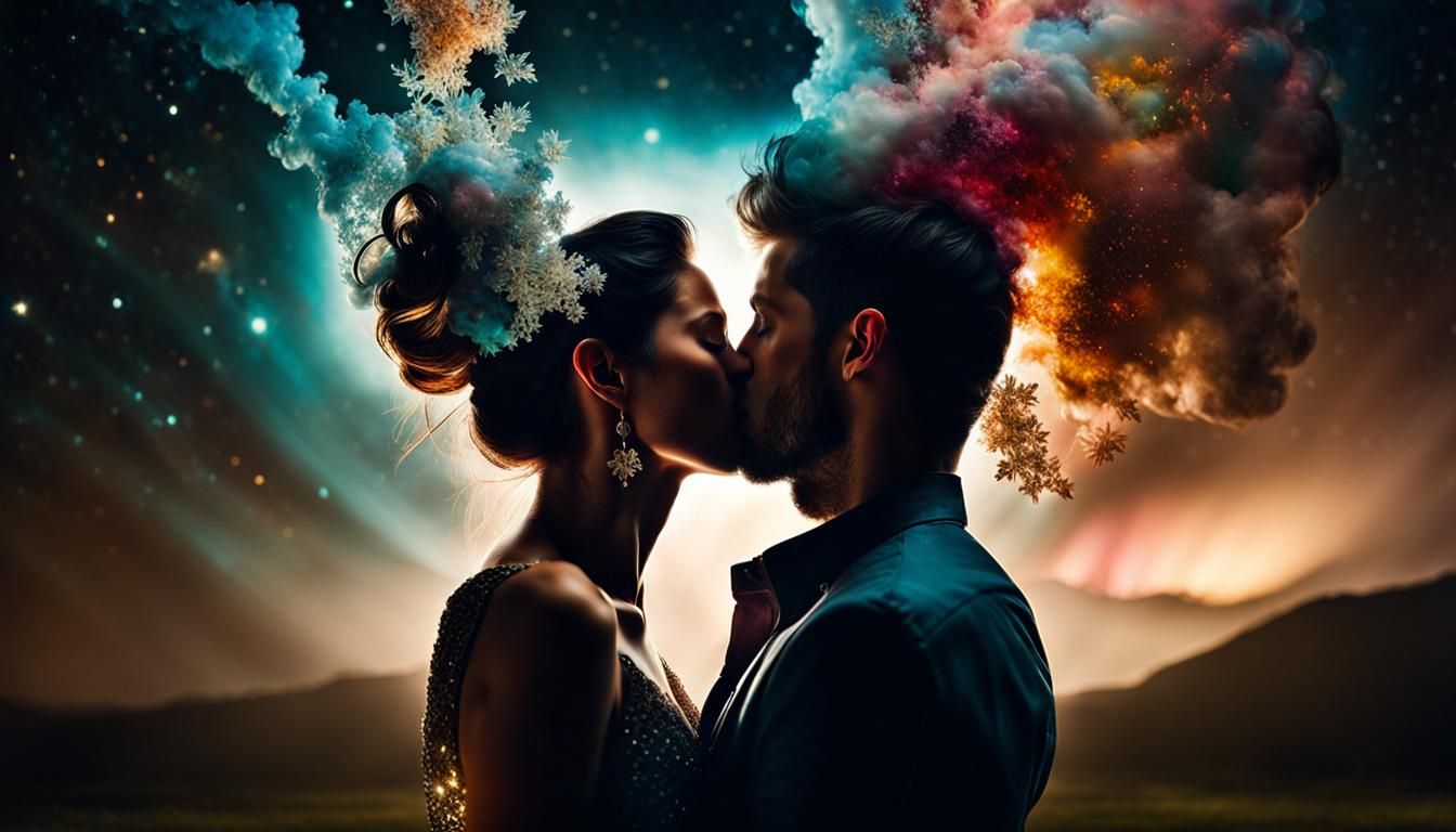 Upside-Down Kiss in Cosmic Spring Night, Double Exposure