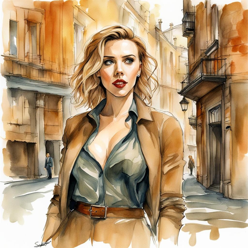 Scarlett Johansson: Ink and Watercolor Sketch