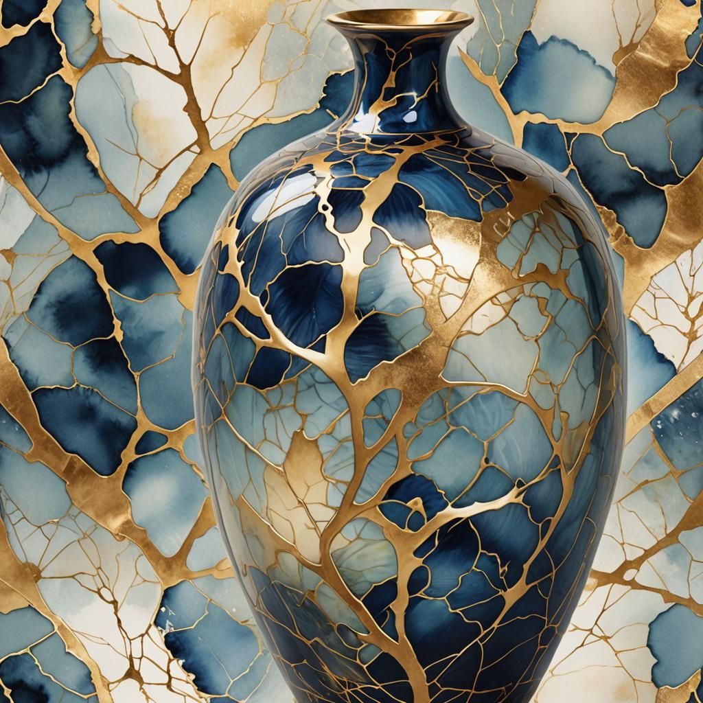Kintsugi-Inspired Surrealism in Elegant Watercolor