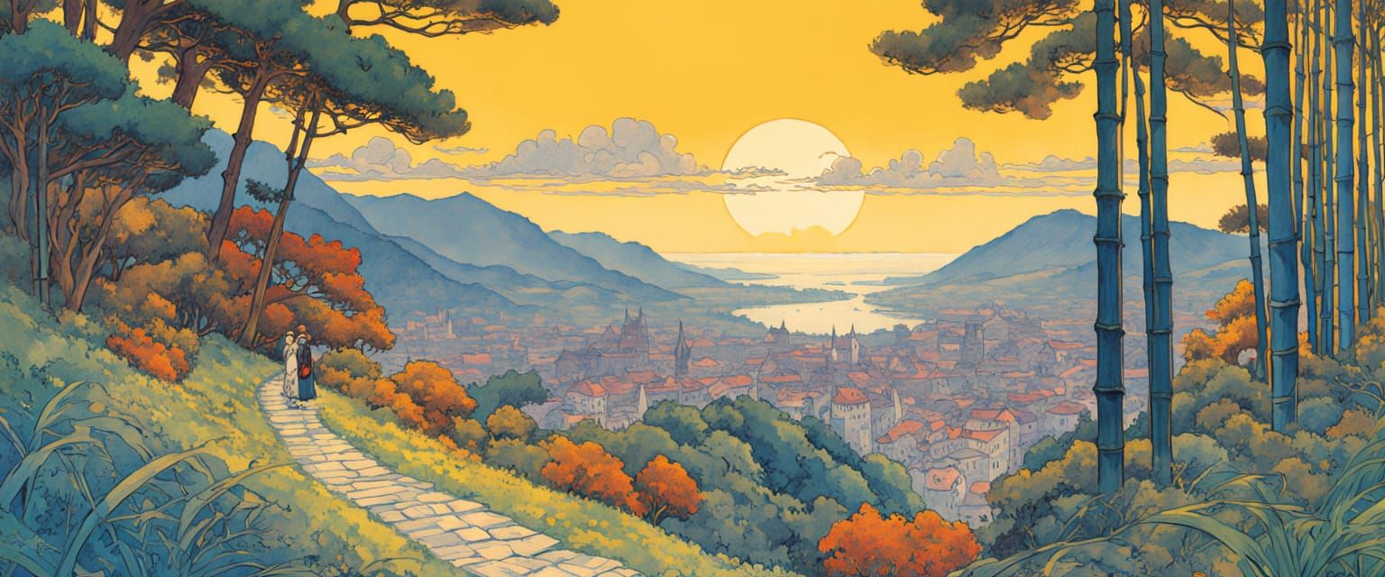 Black Torii Gate Over City in Watercolor Gouache Style