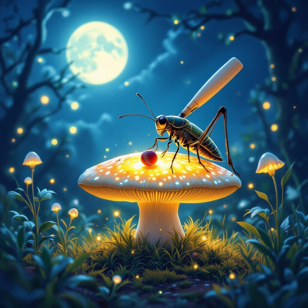Magical Cricket on Glowing Mushroom, Fantasy Concept Art
