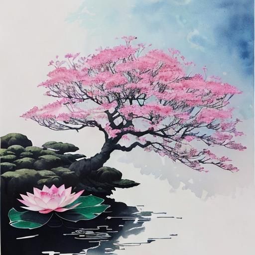 Blossoming Lotus Scene with Bonsai and Sunlight in Modern In...