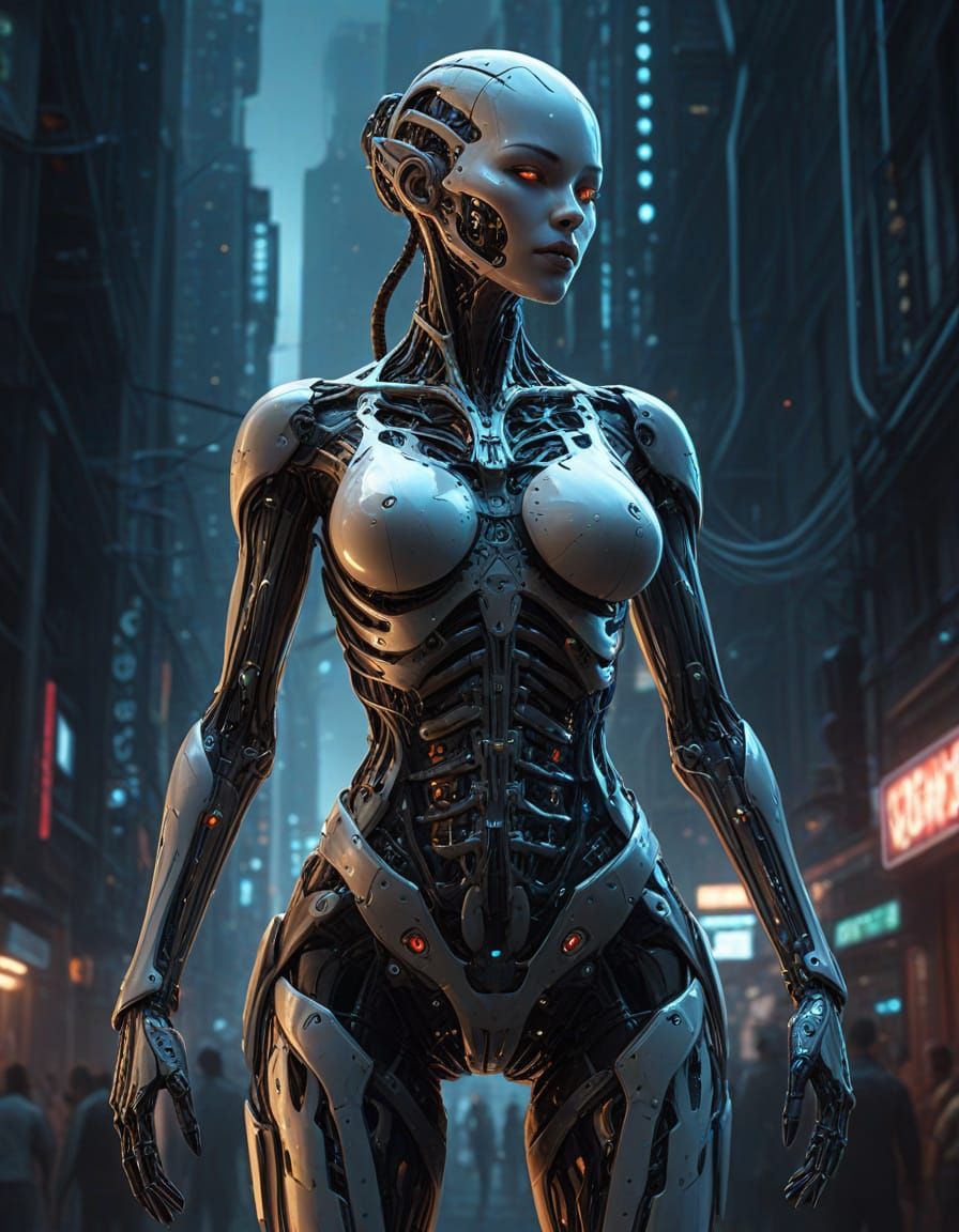 Hyper-Realistic Cyborg Girl in Futuristic Cityscape