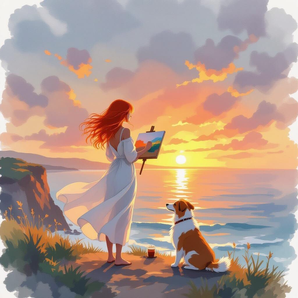 Girl Painting Sunset with Dog in Watercolor Style