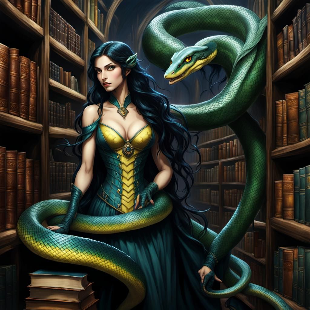 Humanoid Snake Researching in Arcane Library