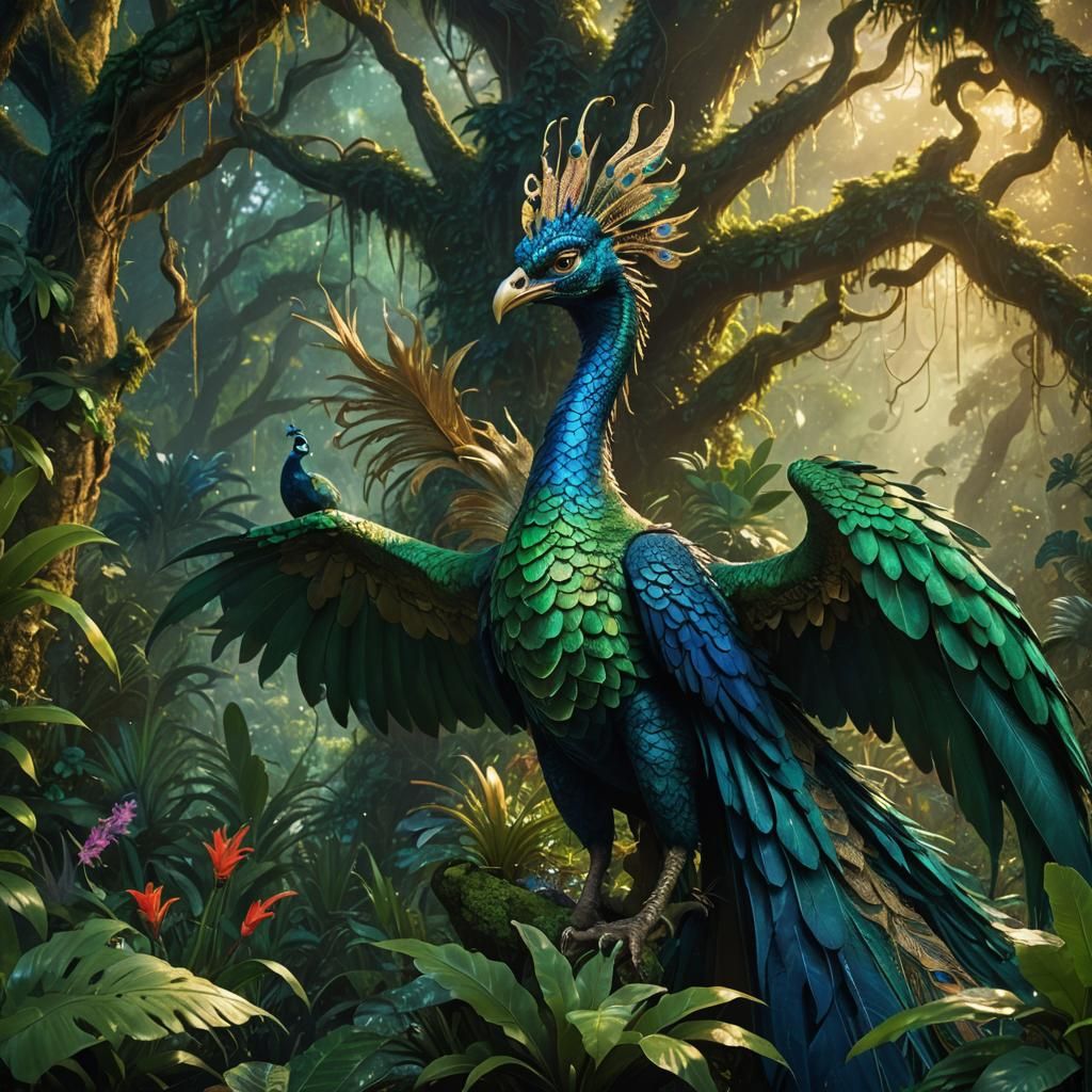 Dragon-Peacock Hybrid Shimmers in Emerald Rainforest