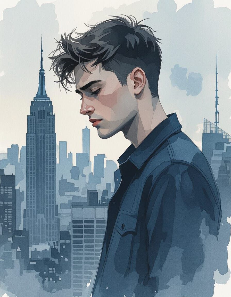 Young Man in New York City, Watercolor Style