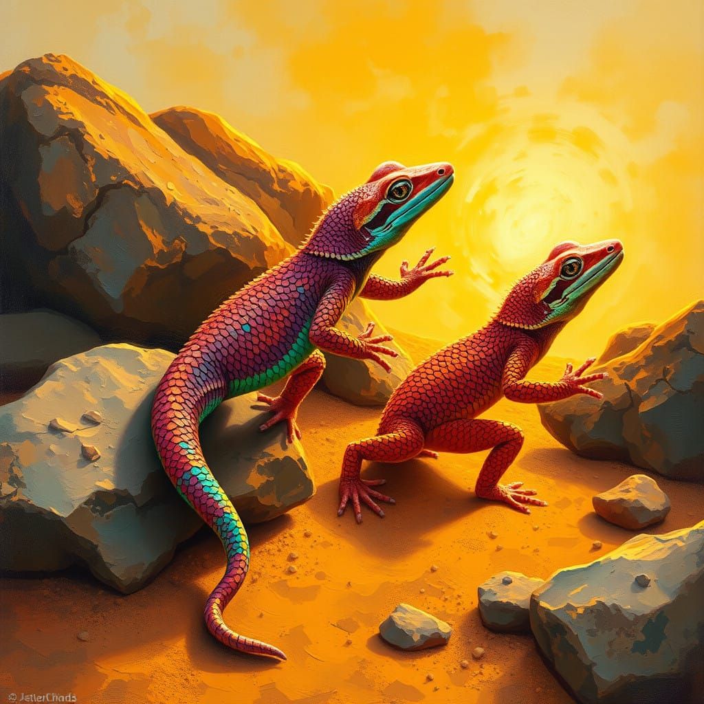 Vibrant Geckos in a Desert Sunset
