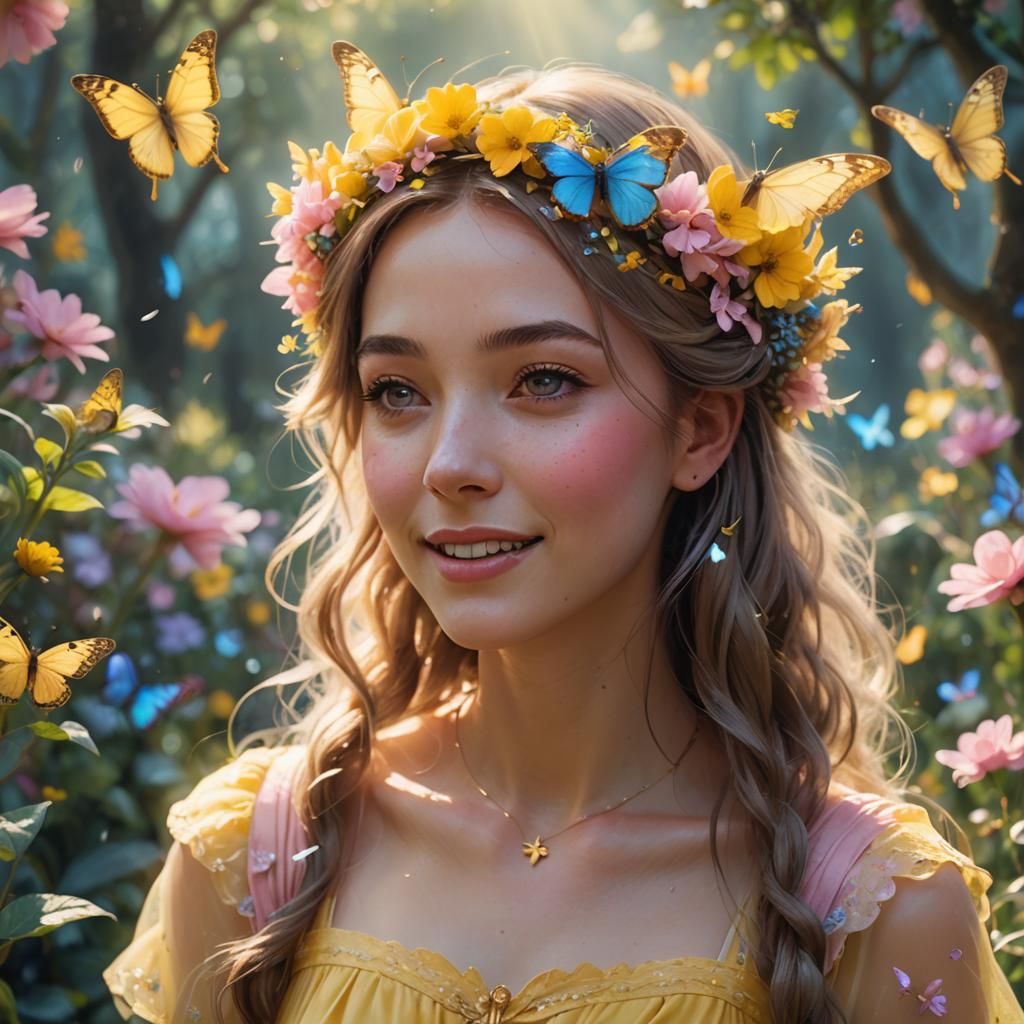 Whimsical Girl with Butterfly in Magical Garden