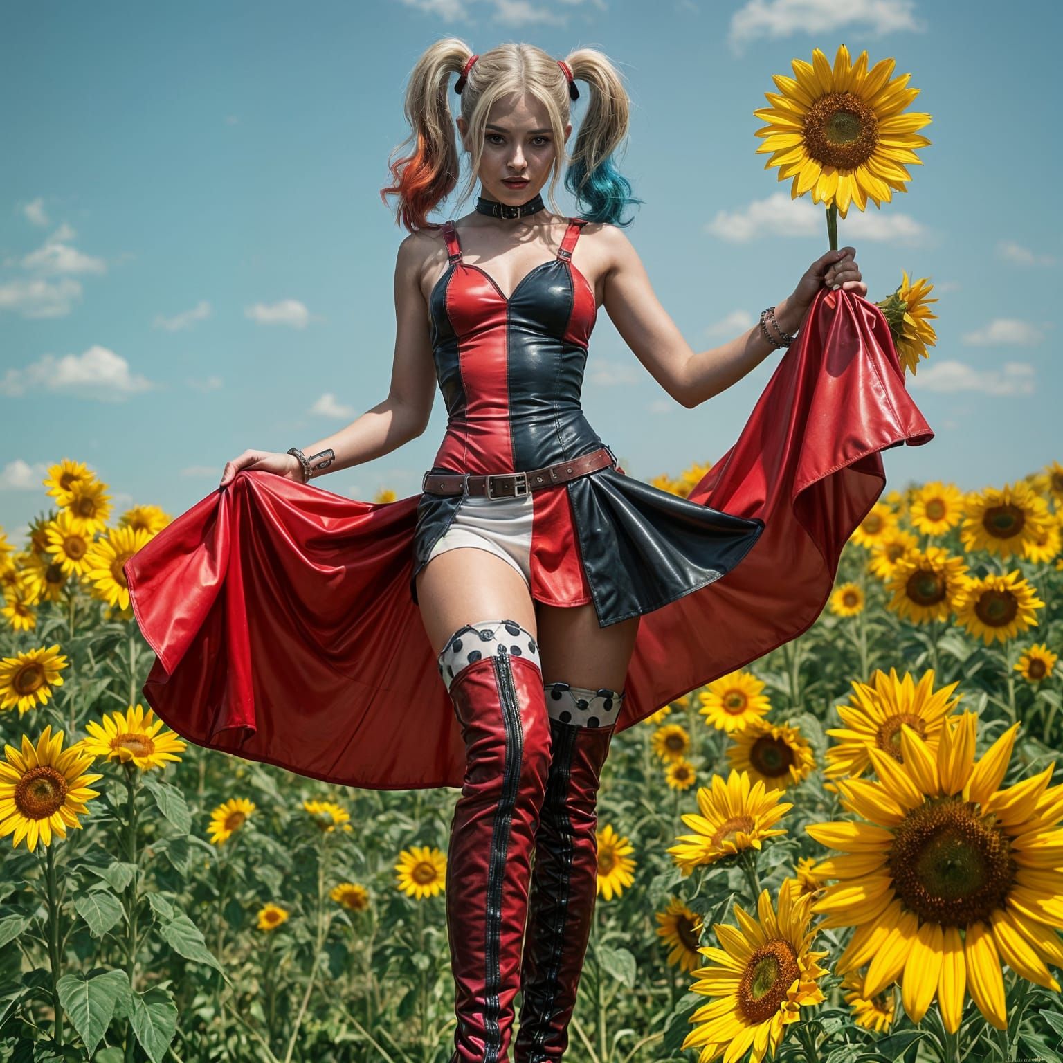Harley Quinn in Sunflower Field, Hyperrealistic