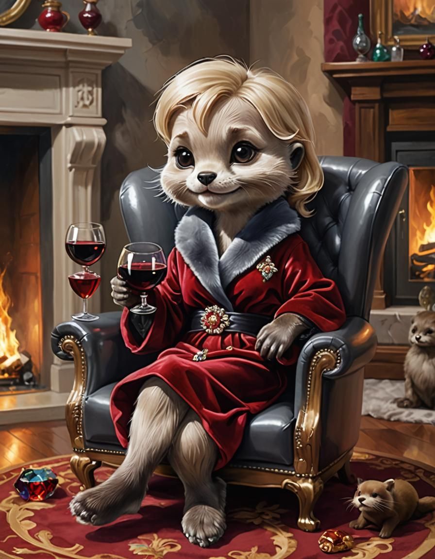 Chibi Woman with Wine and Otter, Airbrush Oil Painting