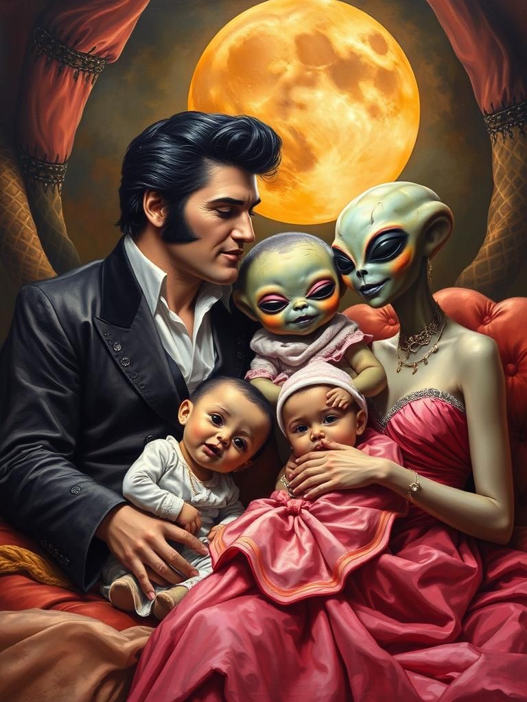 Elvis Presley with Alien Family Velvet Painting