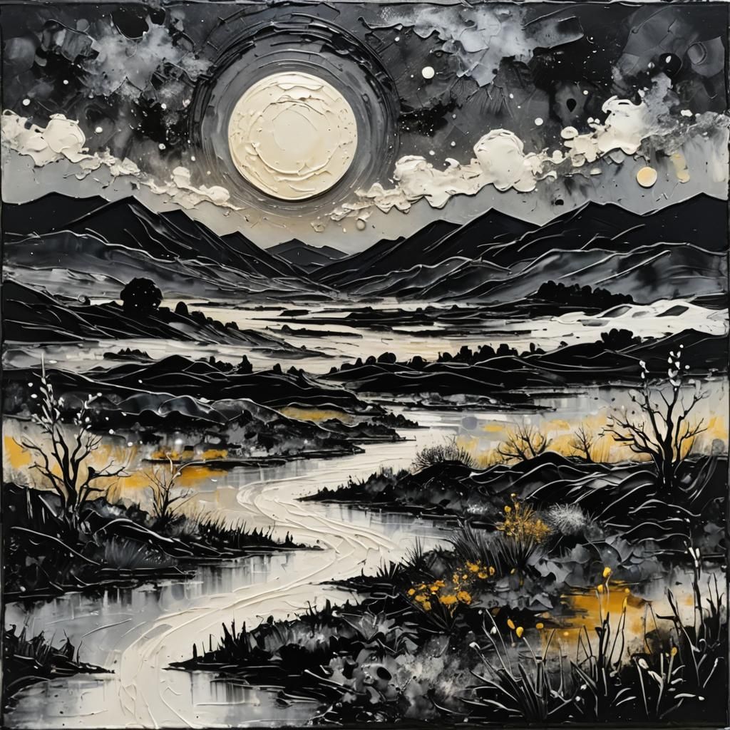 Monochrome Landscape at Night in Encaustic Impasto Style