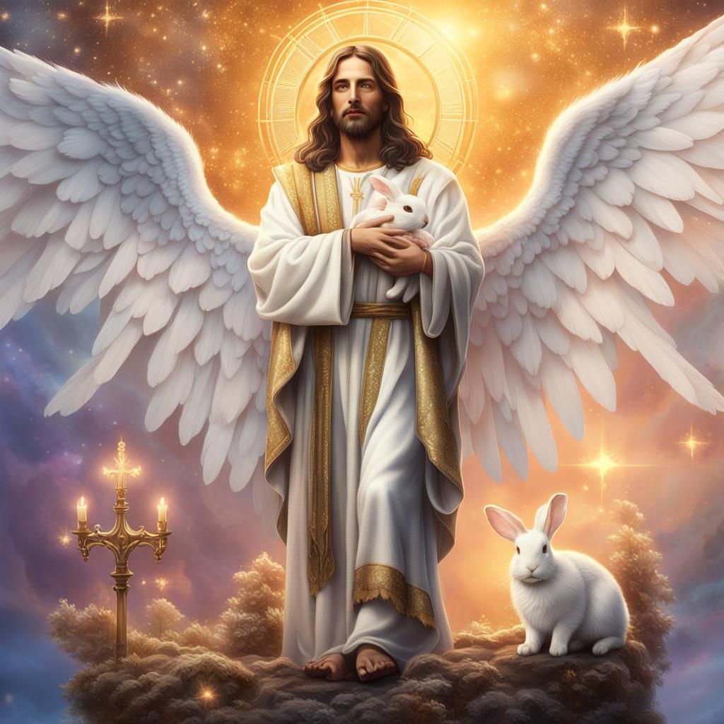 Golden Angel Wings Surround Jesus Christ and Adorable Bunny....