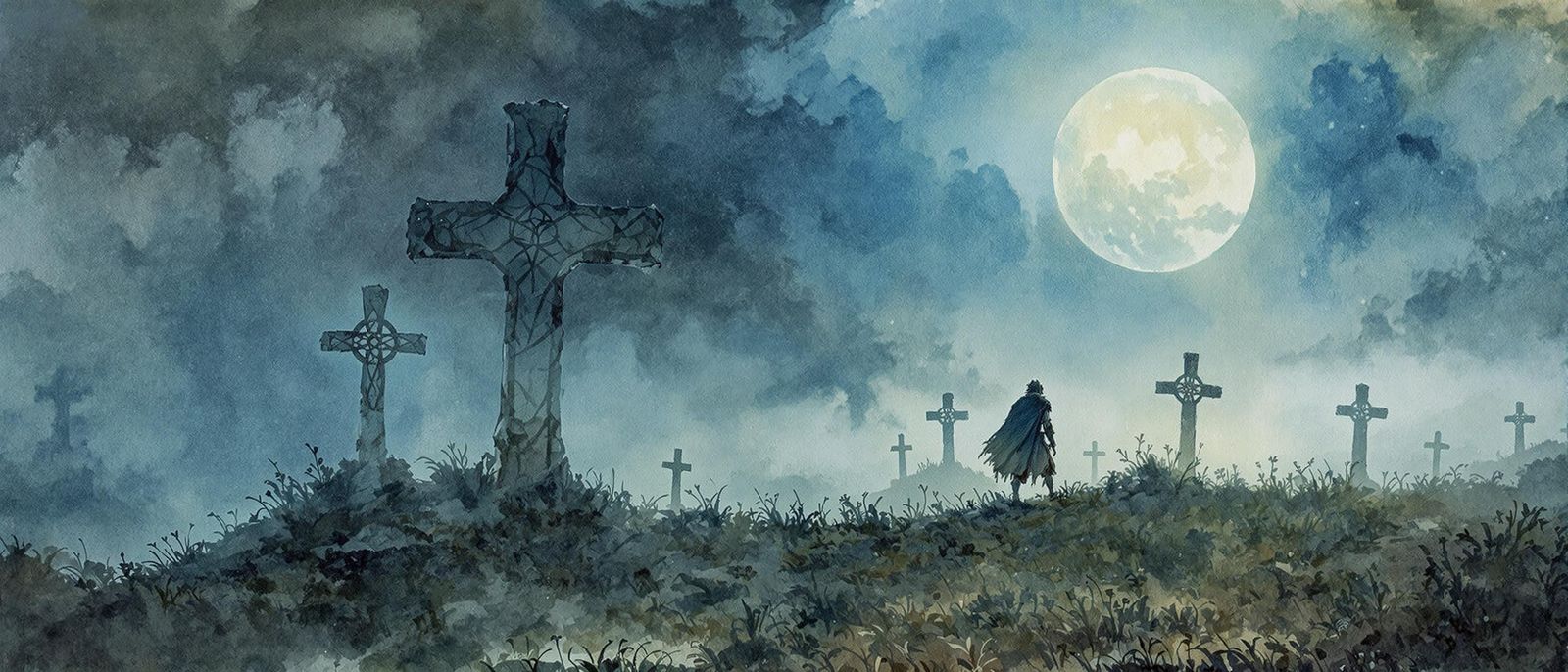 Misty Irish Landscape with Celtic Wolf Men in Watercolor