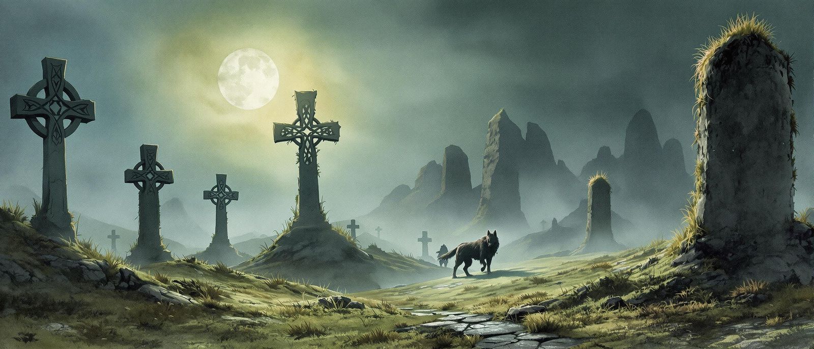 Irish Landscape with Transforming Wolf Men in Watercolour