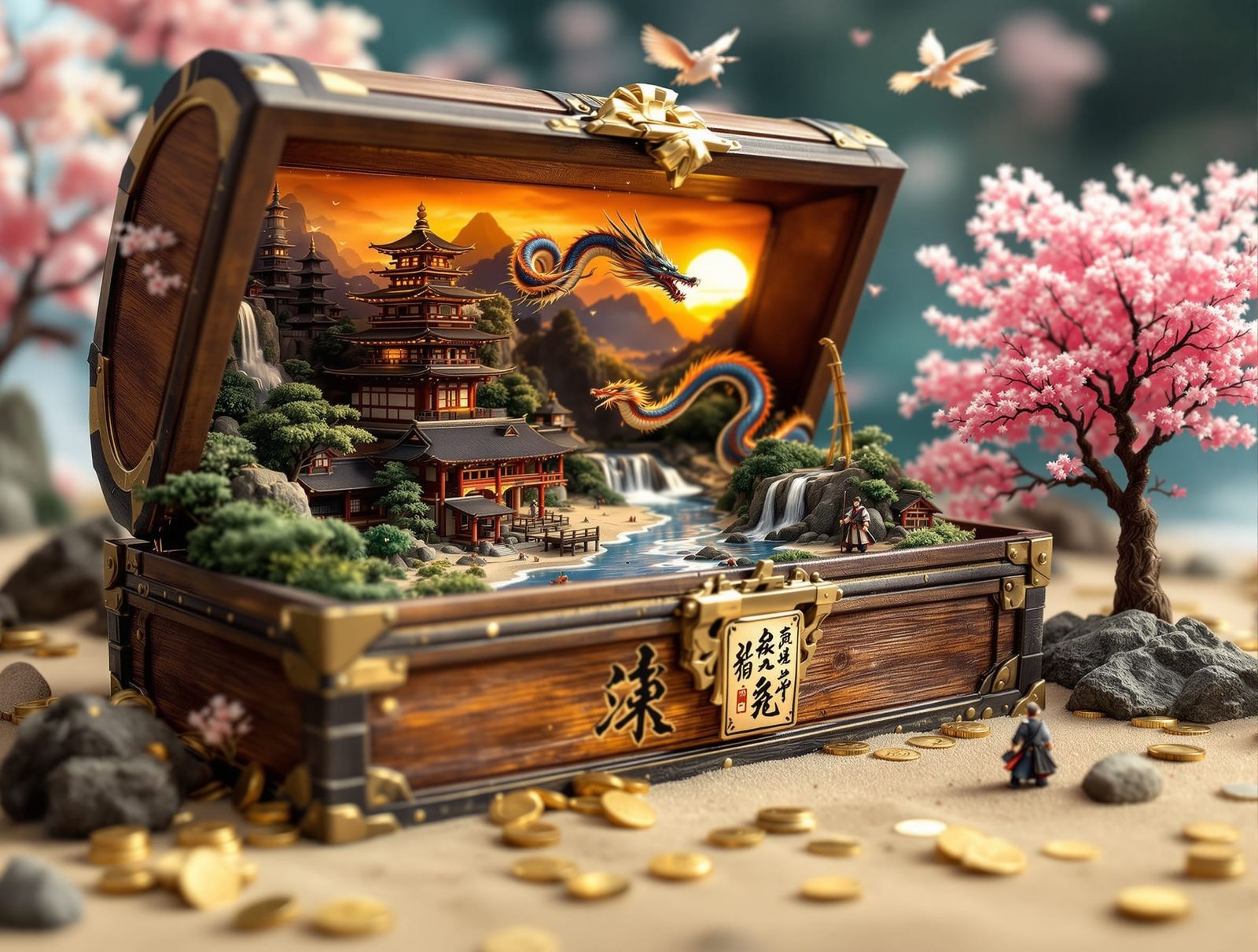 Miniature Japanese Fantasy Landscape in Treasure Chest