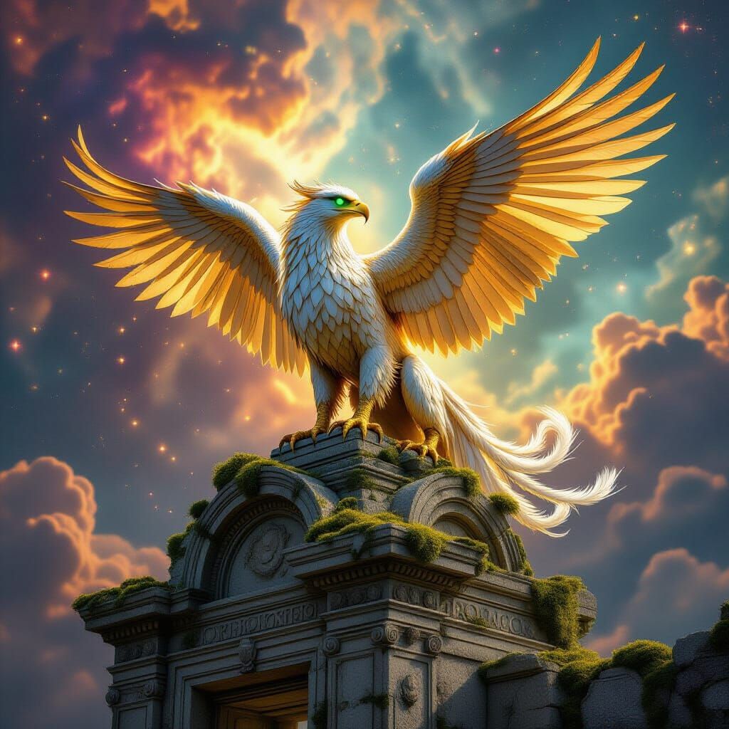 Majestic Griffin on Ancient Ruins Amidst Cosmic Nebula